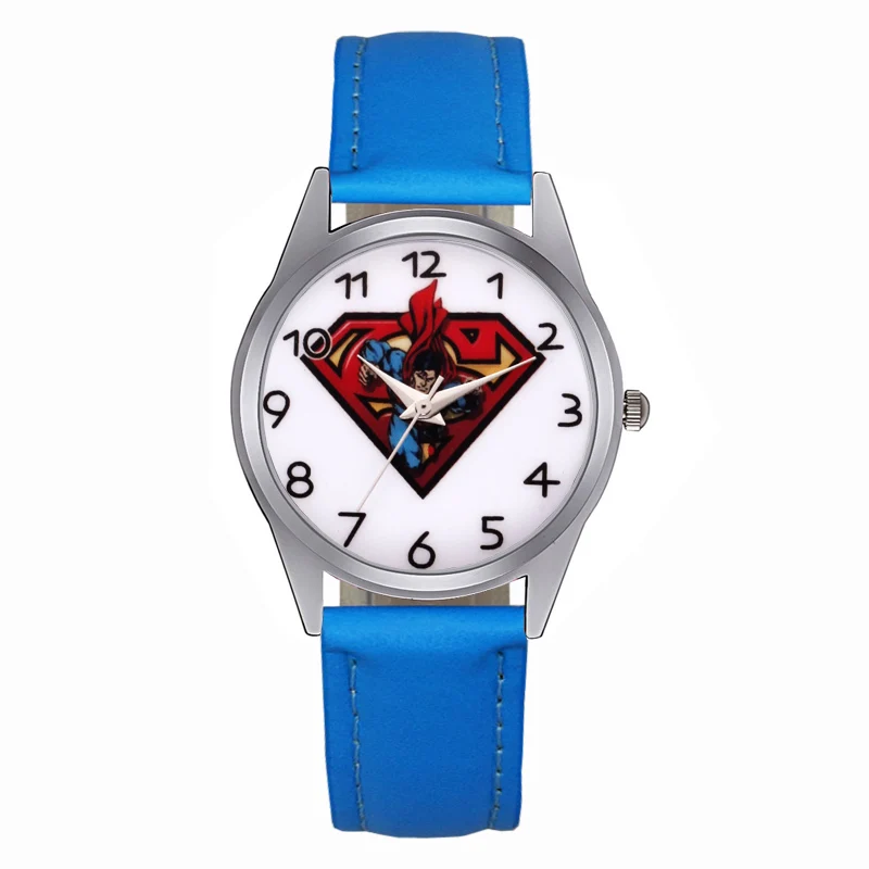 Sky Blue Детские часы с рисунком Супермена; кварцевые наручные часы с кожаным ремешком для мальчиков и девочек; Jc03 - Цвет: Sky Blue