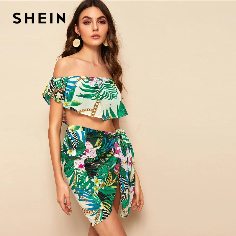 SHEIN Boho многоцветный с открытыми плечами складной тропический укороченный топ и галстук юбка комплект Женский Пляжный Стиль Отдых сексуальный комплект из двух предметов