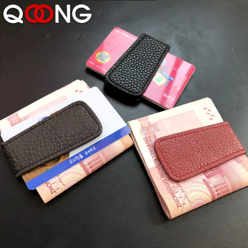 QOONG мужской кожаный магнитный зажим для денег тонкий мини кошелек купюр женские