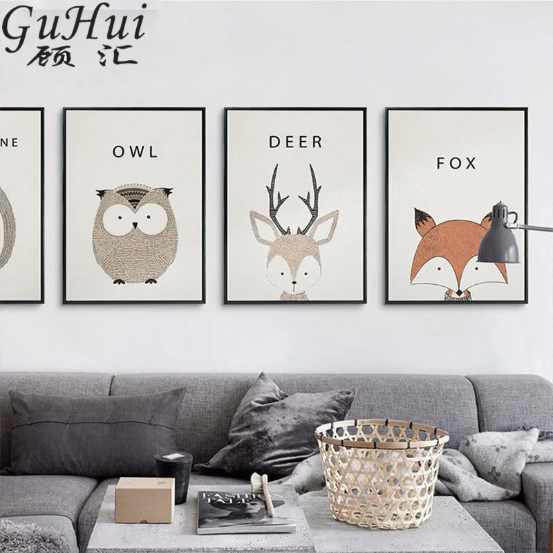Скандинавский мультфильм Животные декоративная картина на холсте милая сова