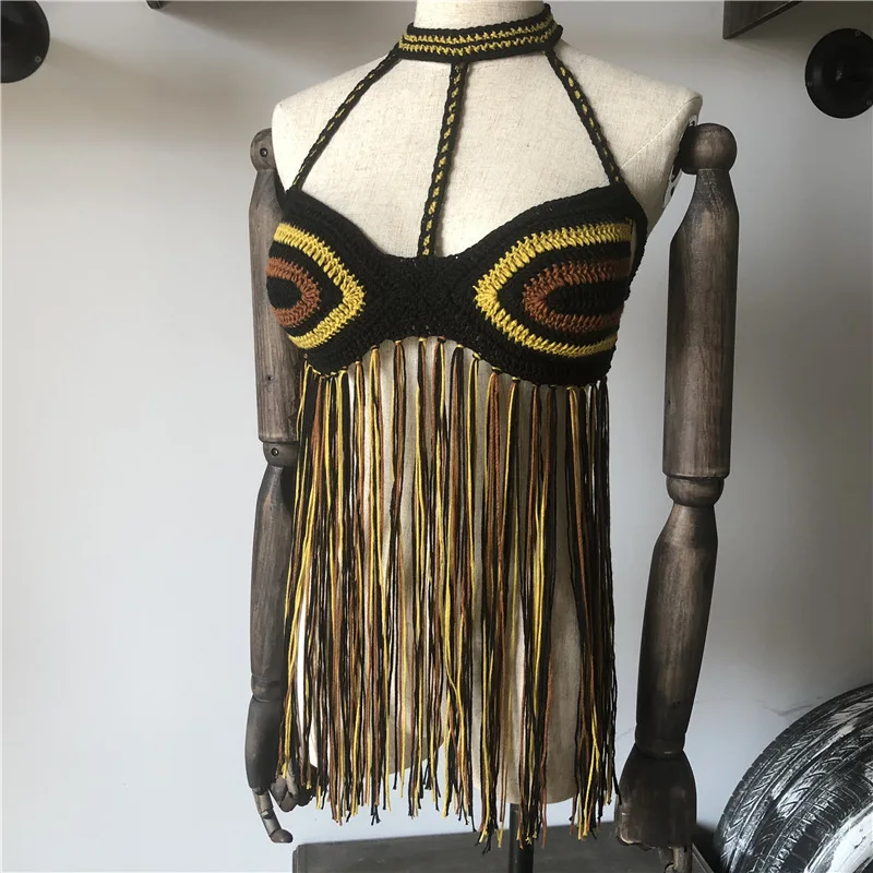 Бикини Крючком черный сексуальный женский топ с кисточками Boho пляжный купальник бахрома вязаная крючком бикини бюстгальтер с бретельками