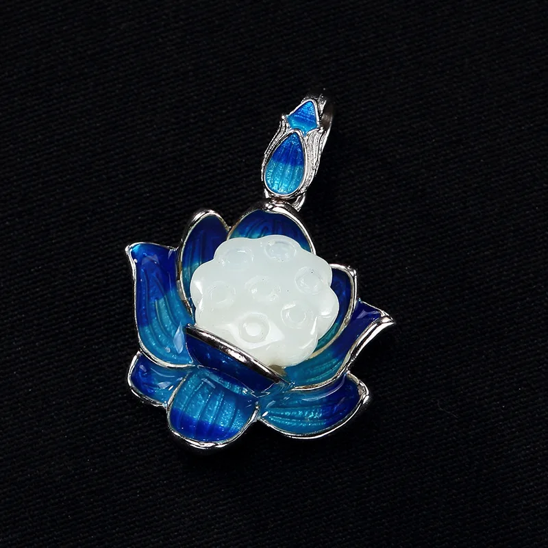 

2018 New S925 pure silver natural hetian jade lotus lotus cloisonne enamel high-end joker female pendants wholesale