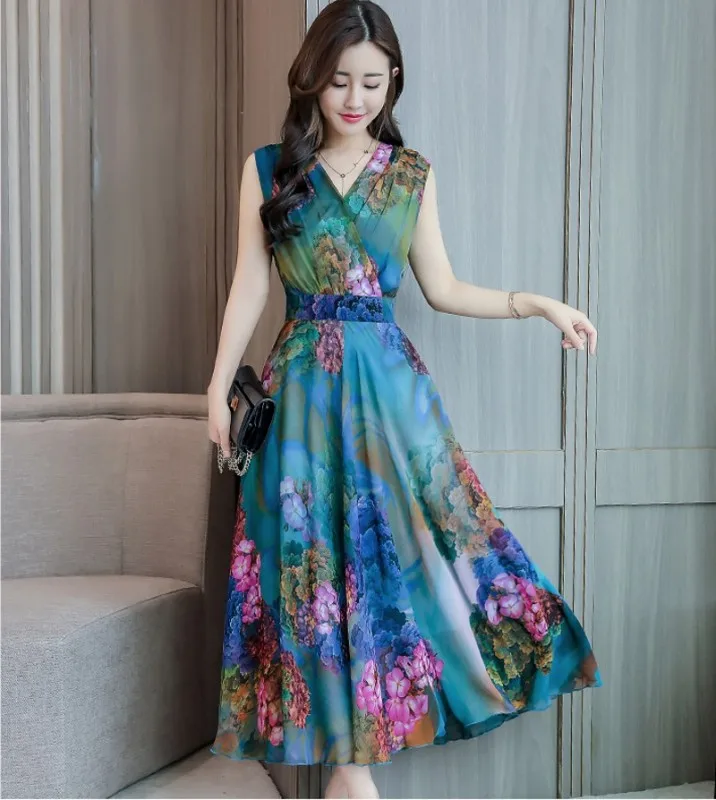 Шифоновое платье Новинка лета 2019 облегающее женское с принтом V-образным вырезом