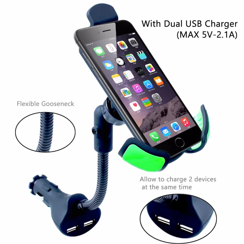 Car Phone Mount Cigarette Lighter Vehicle 2 USB Charger with Goose-neck Holder Cellphone for 3.5-6.3inch | Автомобили и мотоциклы