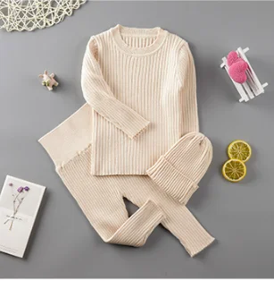 beige 3pcs 3 шт./компл. Демисезонный Зимняя одежда для маленькой девочки, вязаный свитер в рубчик, Свитера для мальчиков брюки Шапки Детская одежда От 0 до 2 лет 043 - Цвет: beige 3pcs