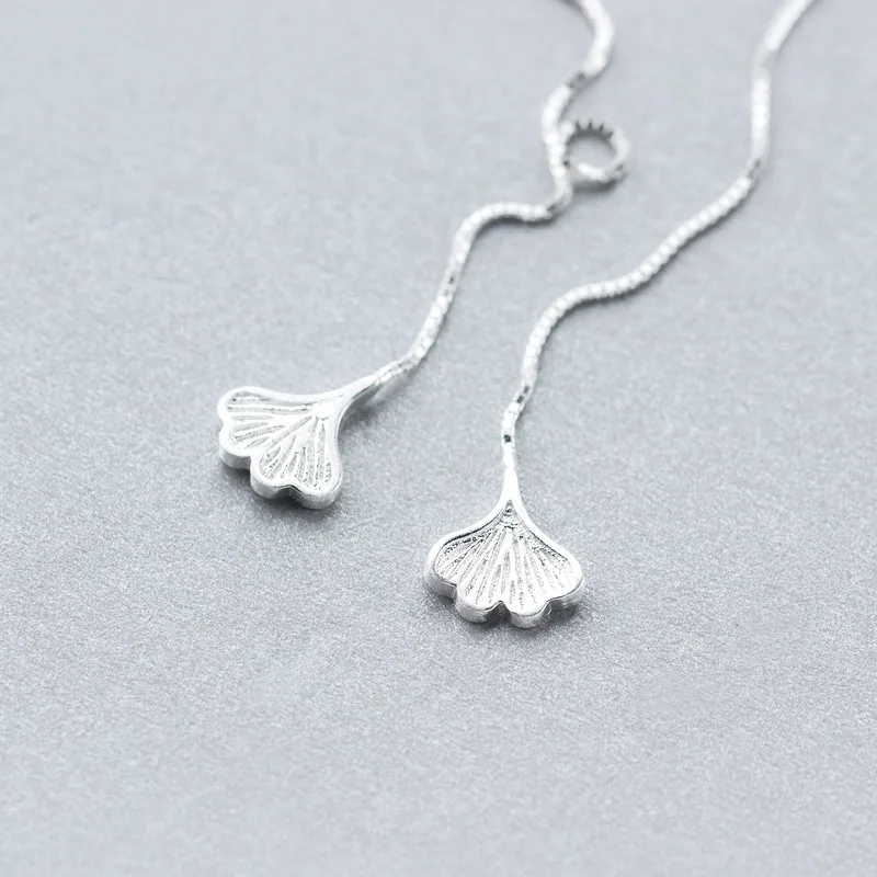 Real. 925 STERLING SILVER Ear Pull Through ginkgo Leaf Threader Earrings Piercing Long Box Chain C-E1639 | Украшения и аксессуары