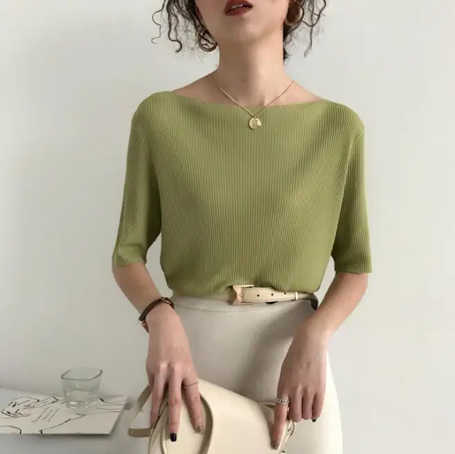 Новые летние женские рубашки, Вязаные Рубашки, женская модная одежда T01 - Цвет: Зеленый