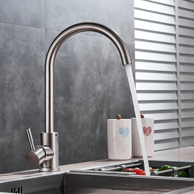 

Brushed Nickel Rotate Neck Kitchen Sink Faucet Single Lever Swive Spout Bathroom Kitchen Mixer Tap One Hole Stainless Steel Tap