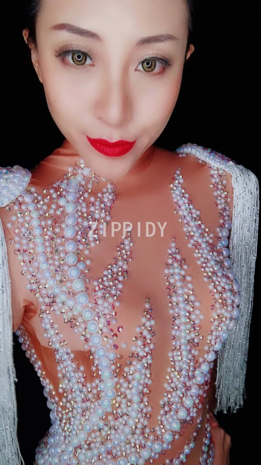 2020 Women New Multicolor Sexy Tassels Sleeve Shiny Rhinestone Bodysuit Elastic Tights DJ Singer Nightclub Party Stage Costume