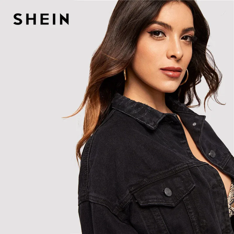 

SHEIN Drop Shoulder Pocket Ripped Crop Denim Jacket Women Spring Casual Long Sleeve Black Jacket Ladies Single Breast Coat