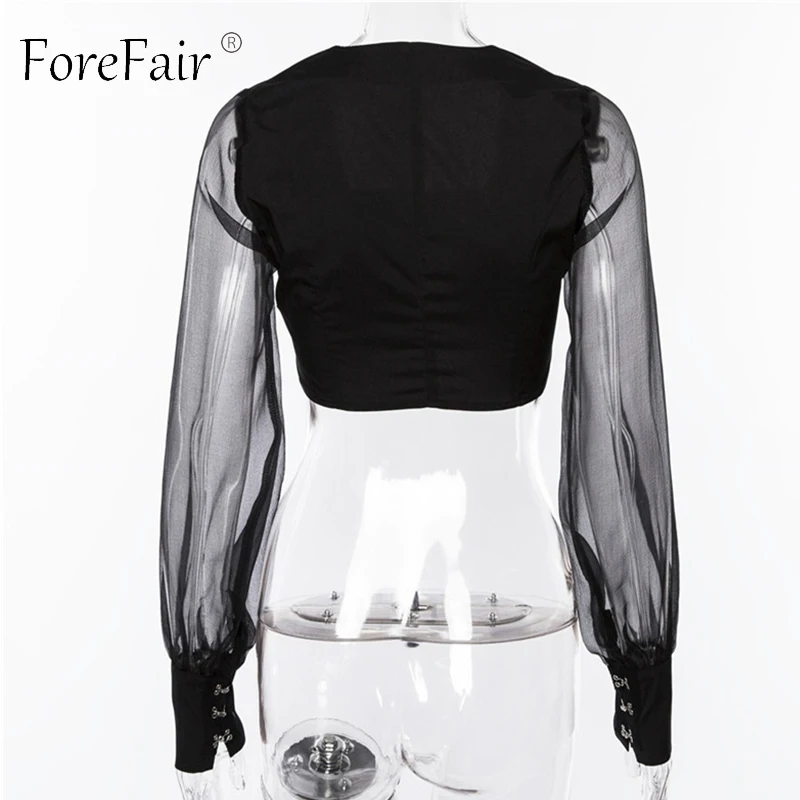 Forefair, прозрачные женские топы с длинным рукавом, осень, черные сетчатые Лоскутные Прозрачные топы, сексуальные прозрачные зимние блузки