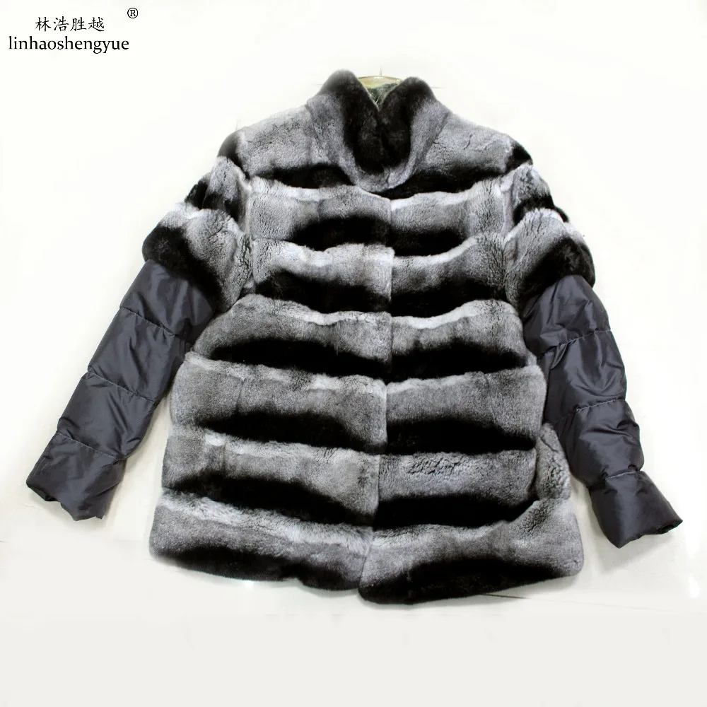 

Linhaoshengyue Real Rabbit Fur Women Coat with Eiderdown Sleeve Warm Comfortable