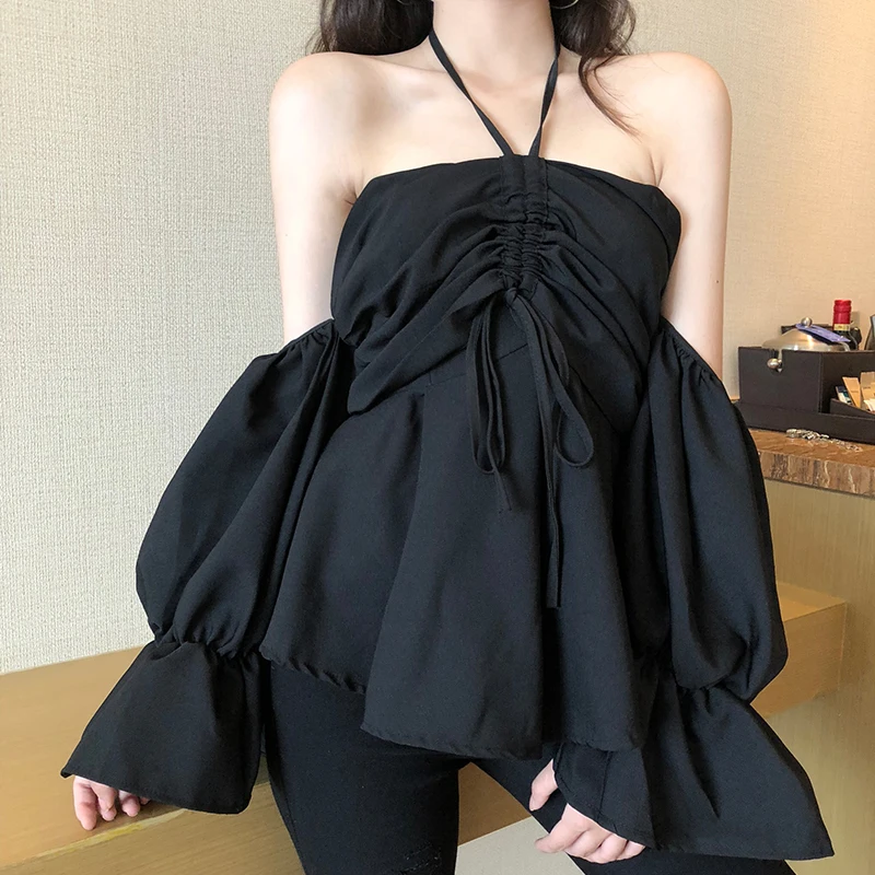 

Sexy one word shoulder women's fashion short summer horn long sleeve chiffon blouse Vetement Femme 2019 NEW