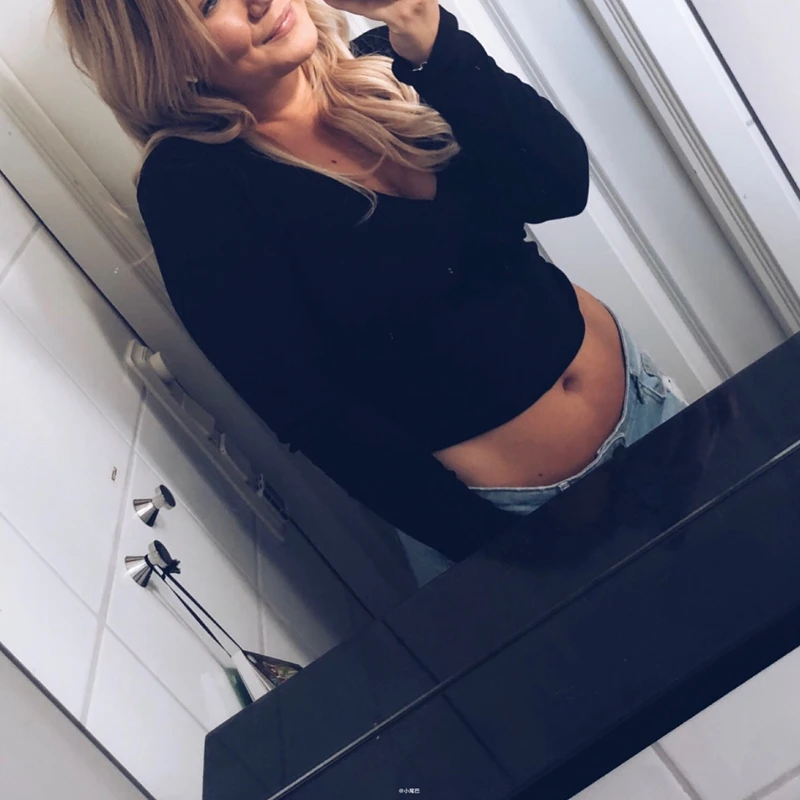 Осенние винтажные розовая рубашка с длинным рукавом Женщины crop top v шеи черный