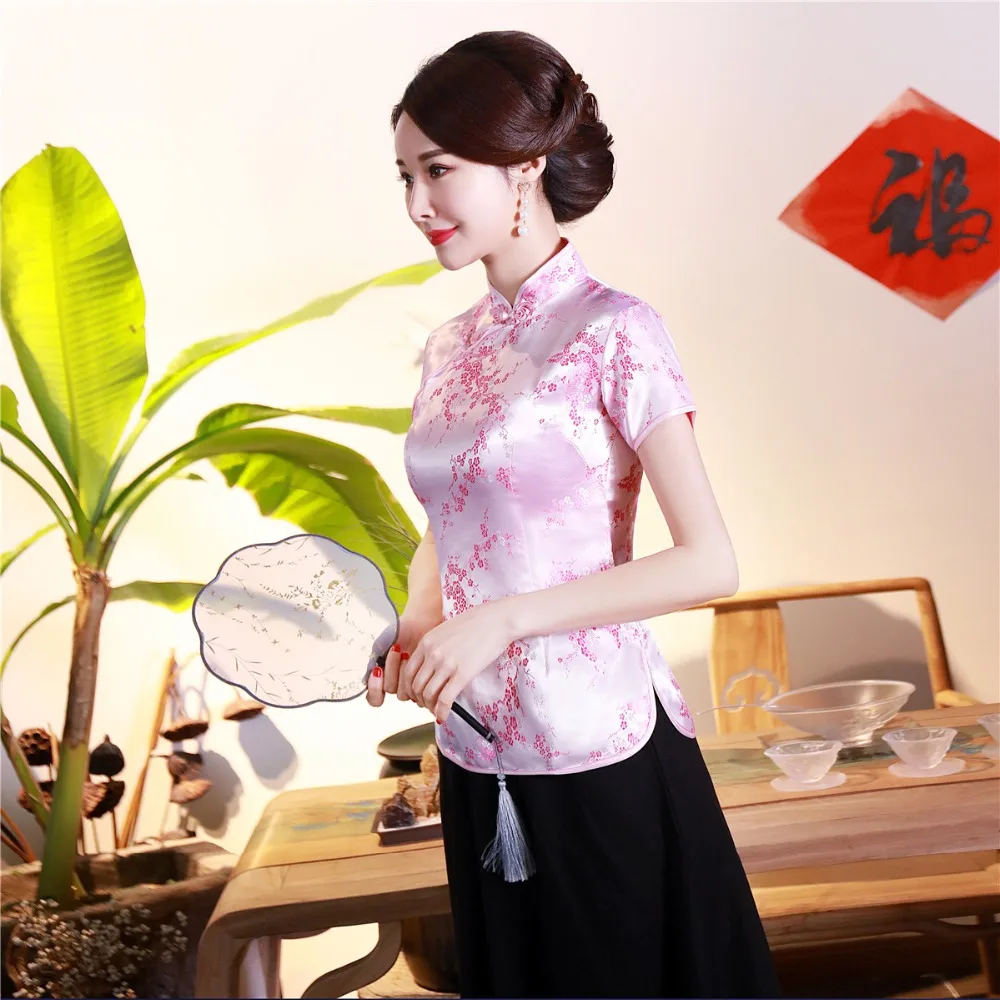 Шанхай история короткие Cheongsam Топ Традиционный китайский искусственный шелк/Атласный топ Дракон и Феникс Вышивка Блузка Топ Qipao рубашка