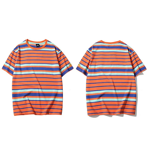 A188026 Orange Ретро винтажная полосатая футболка уличная Harajuku футболка мужская летняя хип-хоп футболка модные повседневные топы футболки с коротким рукавом - Цвет: A188026 Orange