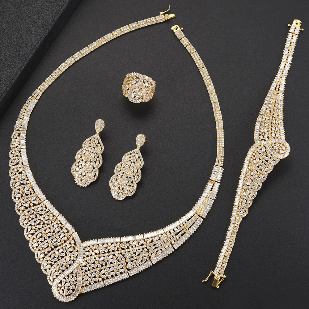 comprar Luxo Grande Gargantilha Colar Conjuntos De Jóias De Casamento Zircônia Cúbica Incrustada Colar Brincos Pulseira Anel Conjuntos De Jóias Para Mulher