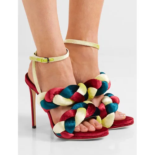 

real picture Roman Design Solid Color Twist Braid Sexy High Heel Sandal Hollow-Out Open Toe Weaving Ankle-Wrap Buckle Women Shoe
