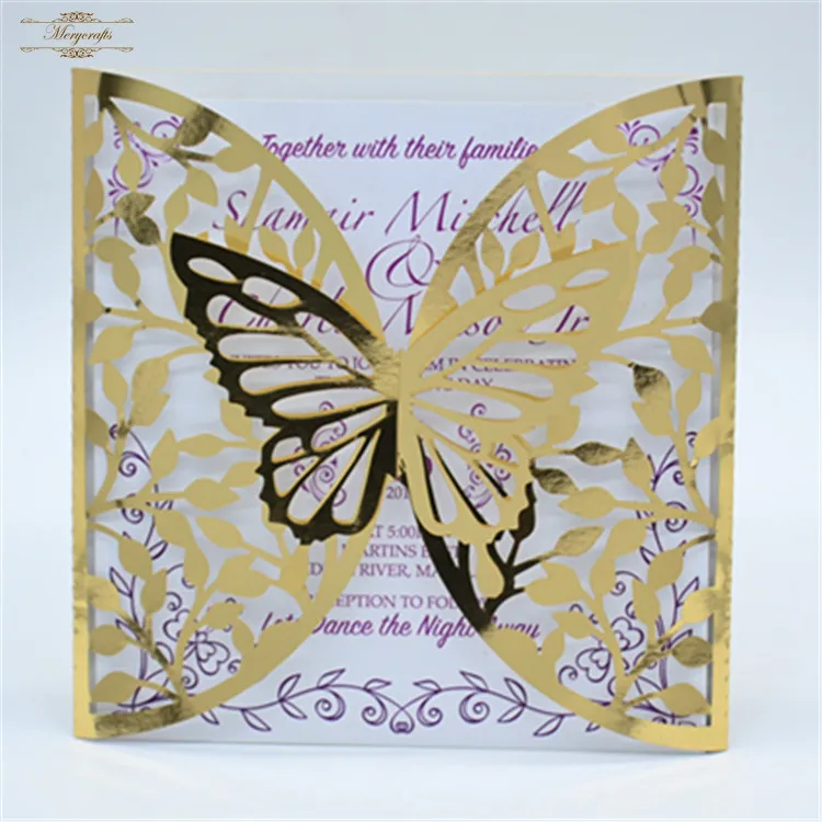 

Butterfly gold metal arabic wedding invitation cards laser cut