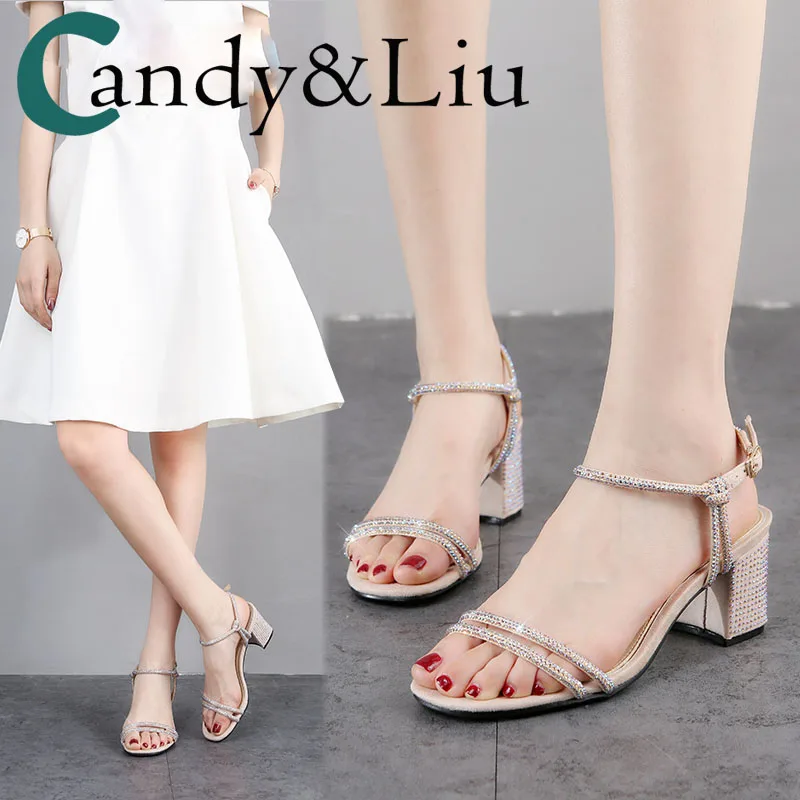 

Summer 2019 new type crystals sandals sample bling fairy wind thick heel diamond middle heel open toe small size shoes