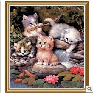 Factory Shop Cross Stitch Kit Three Playing Cat Animal Water High Quality Free Shipping | Дом и сад