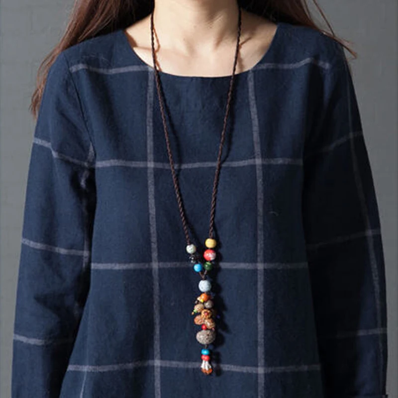 Женское платье с длинным рукавом NYFS винтажное свободное из хлопка и льна в клетку