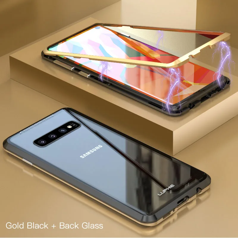 Black Gold Магнитный чехол LUPHIE для samsung Galaxy S10 Plus S10e, Магнитный чехол, прозрачная Задняя стеклянная крышка для samsung S10 Plus S10e, металлический бампер - Цвет: Black Gold