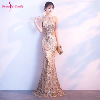 hanging neck gold long sexy mermaid evening dresses sequins applique sleeveless 2019 formal party gowns zipper strapless dresses