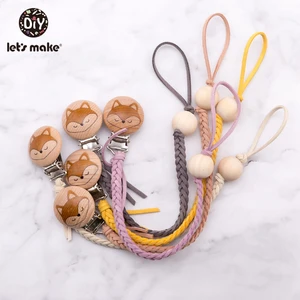 Деревянный Прорезыватель для зубов, плетеная нить, кожаные деревянные бусины, гравировка, лисица, соска, зажим, пустышка, цепочка, детский Прорезыватель для сосков