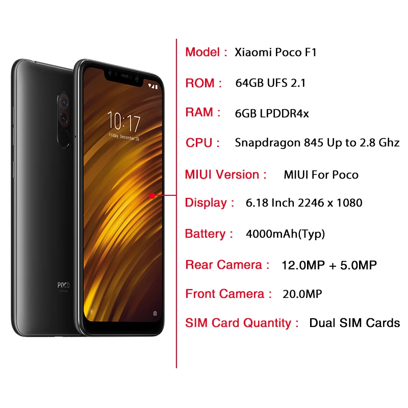 В ассортименте глобального версия Xiaomi Pocophone F1 Поко 6 GB 64 Смартфон Snapdragon 845 Octa Core