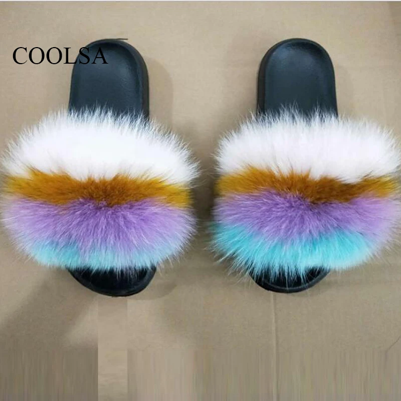 

2019 Hot Women's Casual Fluffy Fur Slippers Fashion Plush Travel Beach Flip Flops Indoor Furry Flat Slides Rainbow Warm Sandals