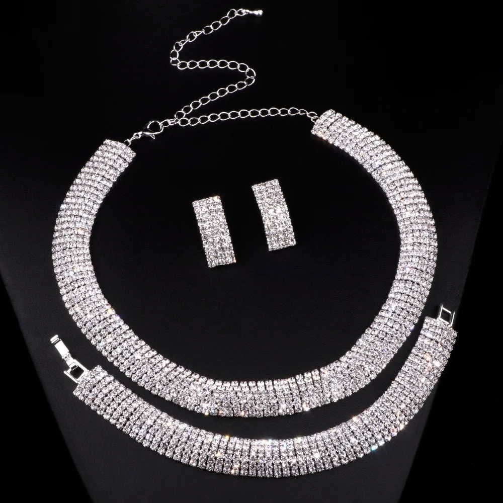 

3Pcs/Set Luxury Wedding Jewelry Sets Silver Color Crystal Round Necklace Earrings Bracelets Sets Bridal Jewelry For Women TZ005