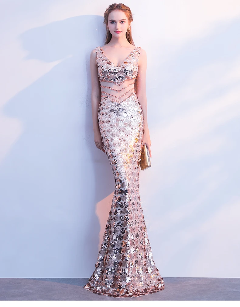 Wei yin Robe De Soiree с v-образным вырезом, новые модные длинные вечерние платья с открытой спиной, роскошные вечерние платья с блестками, платья для выпускного вечера