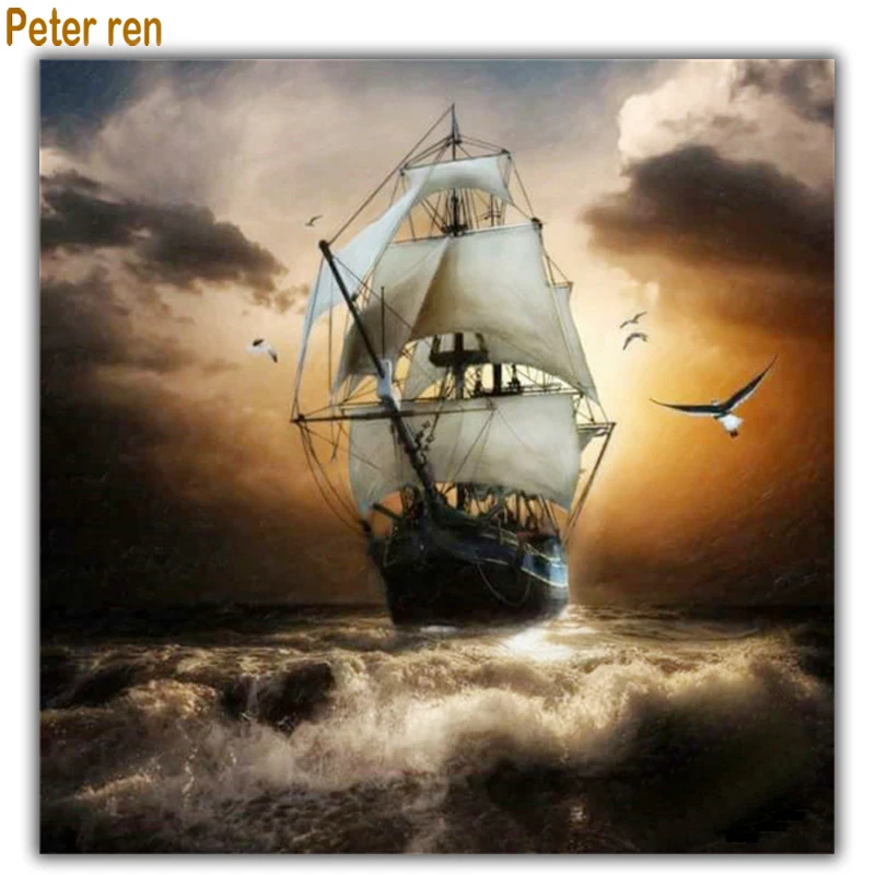 

Diy Diamond painting cross stitch landscape Square\Round diamond mosaic Dark clouds boat Full Diamond embroidery Smooth sailing