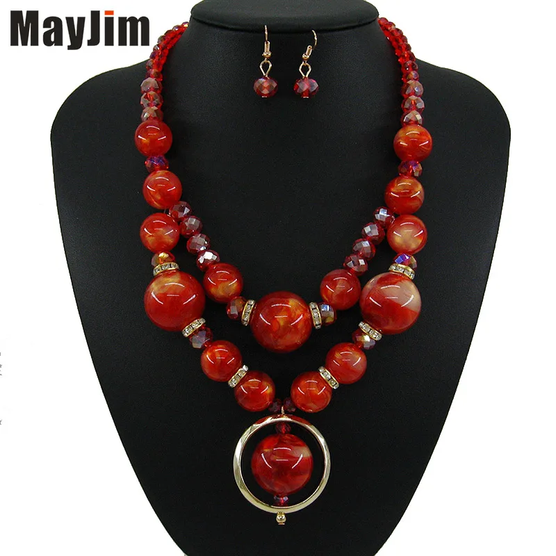 red MayJim, винтажное Хрустальное красное ожерелье, ювелирные наборы, Большой акриловый бисер, богемная Золотая цепочка, Свадебные Ювелирные наборы, Модные женские ювелирные наборы - Окраска металла: red