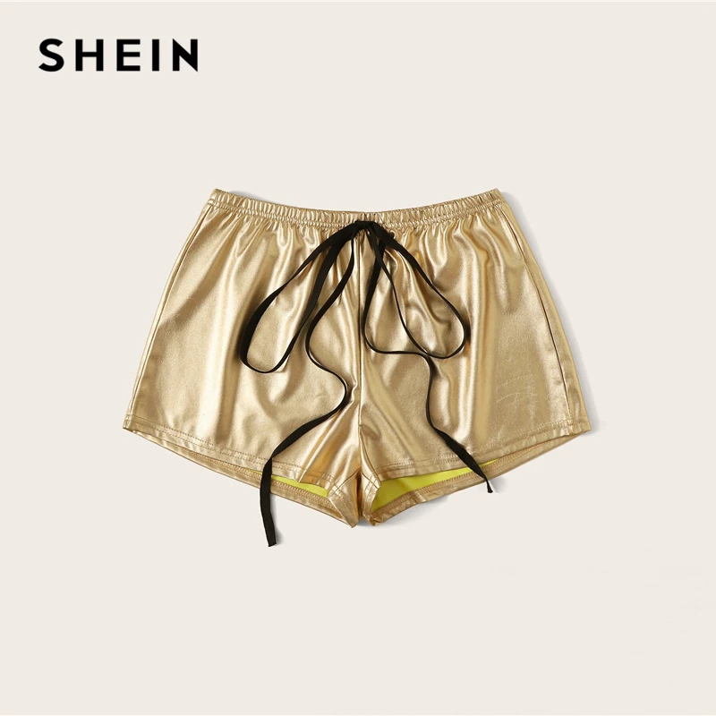 SHEIN однотонные шорты из искусственной кожи с завязками на талии, женская одежда, женские Гламурные Серебристые летние шорты с эластичной талией