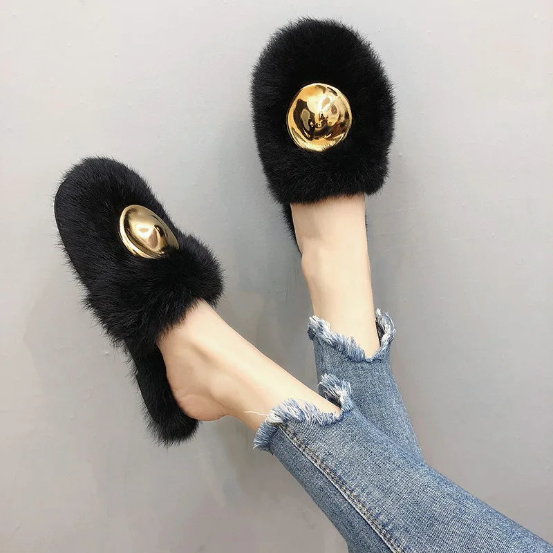 Пушистые тапочки женские 2019 осень и зима новый стиль Плоская Круглая головка Baotou