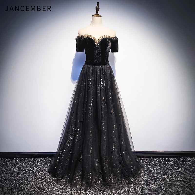 Женское вечернее платье JANCEMBER черное классическое длинное с коротким рукавом и