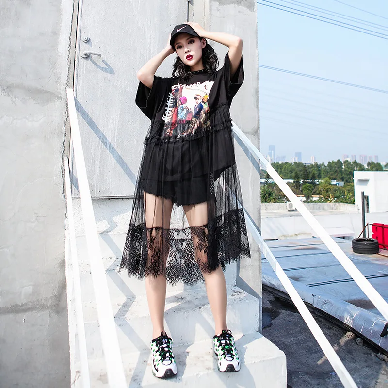 

T-shirt skirt summer 2019 new mesh European goods cartoon printing long black lazy short-sleeved dress female