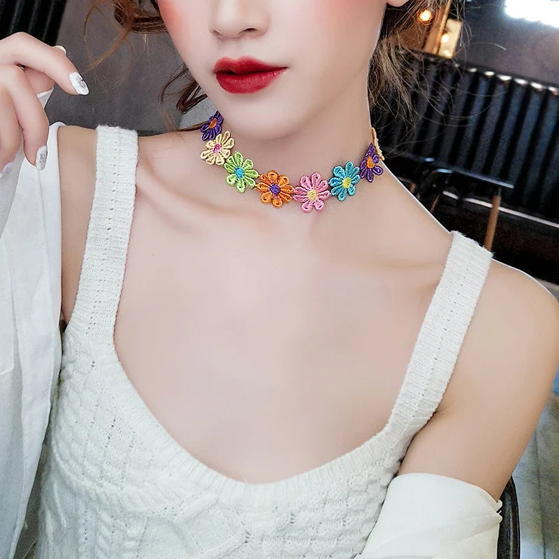 New Multicolor Sunflower Chokers Necklaces for Women Girl Lace Jewelry Daisy Flower Choker Lover Gift Chain Jewellery Fashion | Украшения и