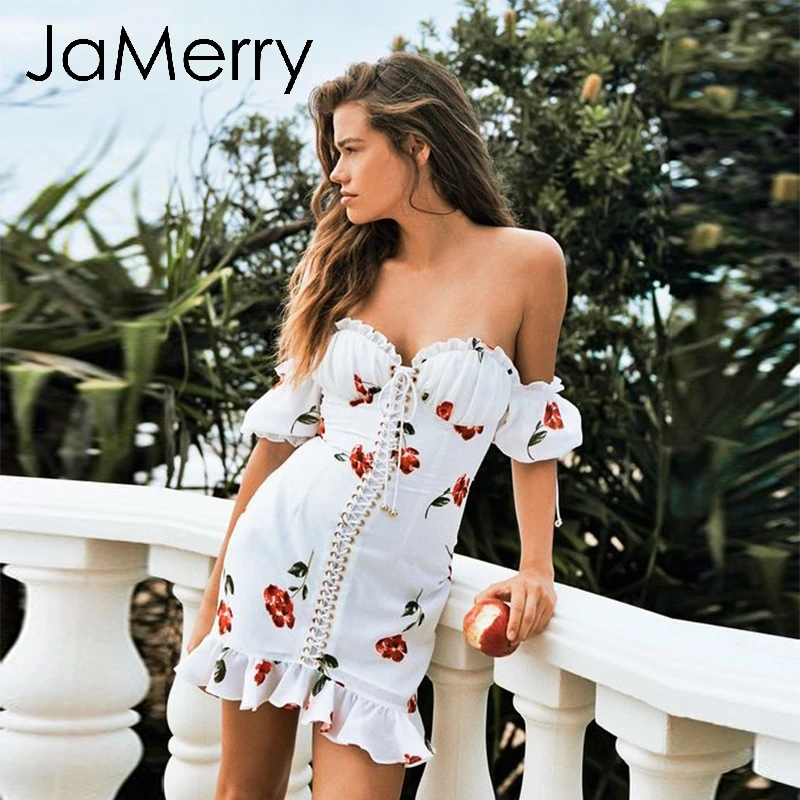 JaMerry винтажное сексуальное женское мини платье с открытыми плечами и принтом