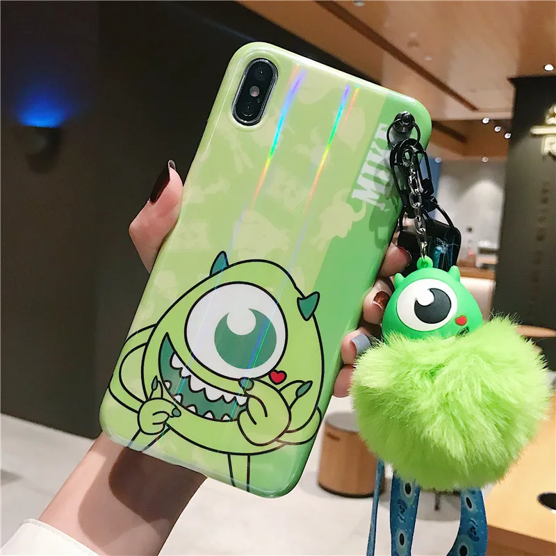 Для iphone XS Max с мультипликационным принтом с Винни-пухом для чехол для телефона, милый чехол с изображением чудовищ для iphone X XS XR 6 7 8 плюс Чехол+ игрушка помпоном+ ремень