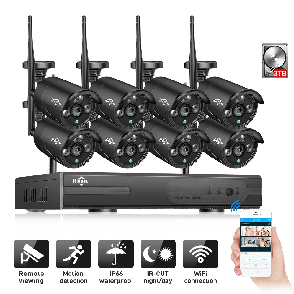 Камера видеонаблюдения беспроводная 8 каналов 2 Мп 1080P NVR IP Wi Fi 3 ТБ|hiseeu|hiseeu cctv |