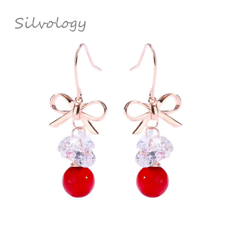 Silvology 925 Sterling Silver Bow Zircon Red Bead Female Earrings Rose Gold Creative Texture Drop Friendship Jewelry | Украшения и