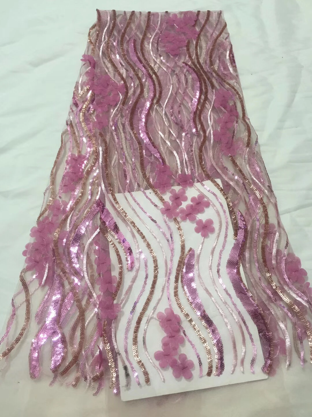 

2018 Sequins French Lace Fabric Peach Wedding High Quality Sequins African Lace Fabric 3D Flowers Embroidered Tulle Lace LCD988A