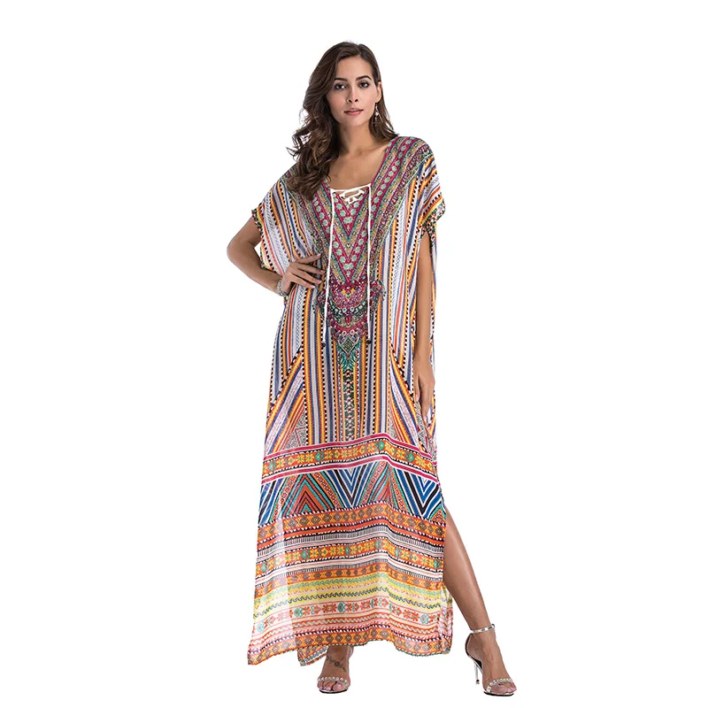 Vestidos Verano 2018 Summer Robe Femme Boho Open Loose Long Chiffon Batwing Sleeves V Neck Lepord Print Party Beach Dress W1010 | Женская