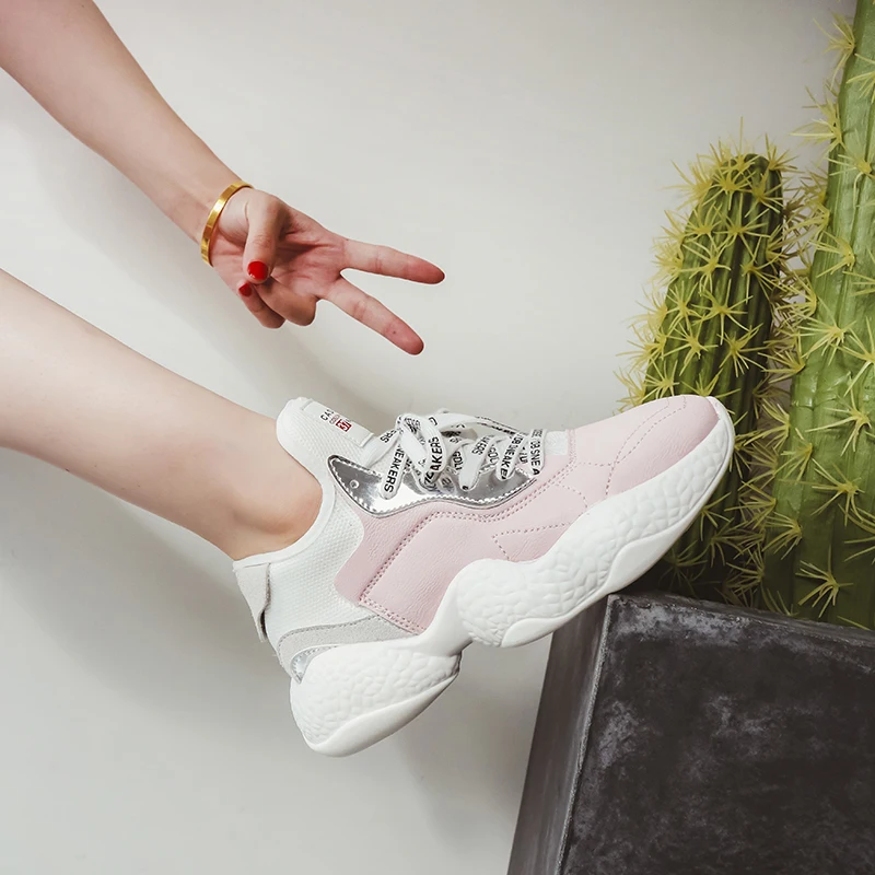 Женские кроссовки Fujin розовые дышащие на высоком каблуке повседневная обувь