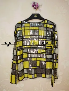 yellow Cakucool, женская блузка с блестками, топы, сетчатые блузы, с длинным рукавом, в клетку, расшитые бисером, золотые, серебряные, прозрачные, для девушек, Подиумные блузки, рубашки - Цвет: yellow