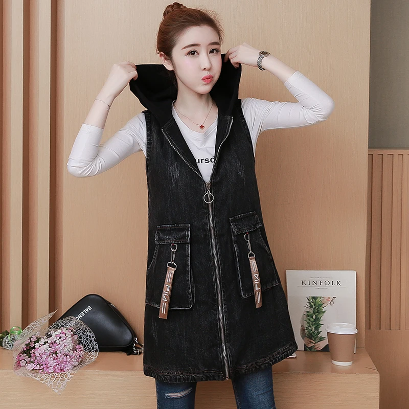 

Spring Autumn Women Outerwear Fashion 2019 New Medium Long Female Jacket Vest Hooded Large Size Ladies Cowboy Vest Jacket YF076