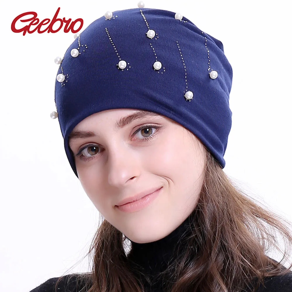 Geebro Новая Женская Шапка бини осень 2020 жемчужные стразы надувные шапочки для